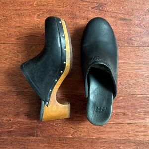 UGG Black Leather Mules with Wooden Sole